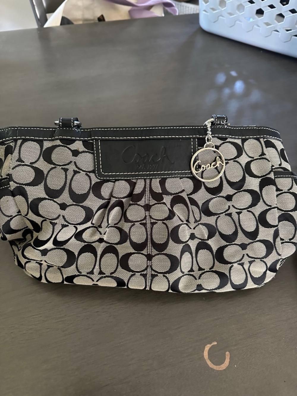 Coach Black and Gray Signature Canvas Bag with Silver Charm and Matching wallet